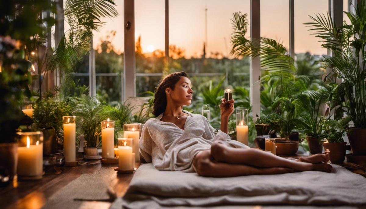 Image of a person enjoying a relaxing self-care routine, surrounded by candles and plants