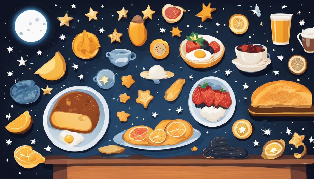 Illustration of a plate with various sleep-inducing foods surrounded by icons of sleep-related elements like a moon, stars, and a bed.