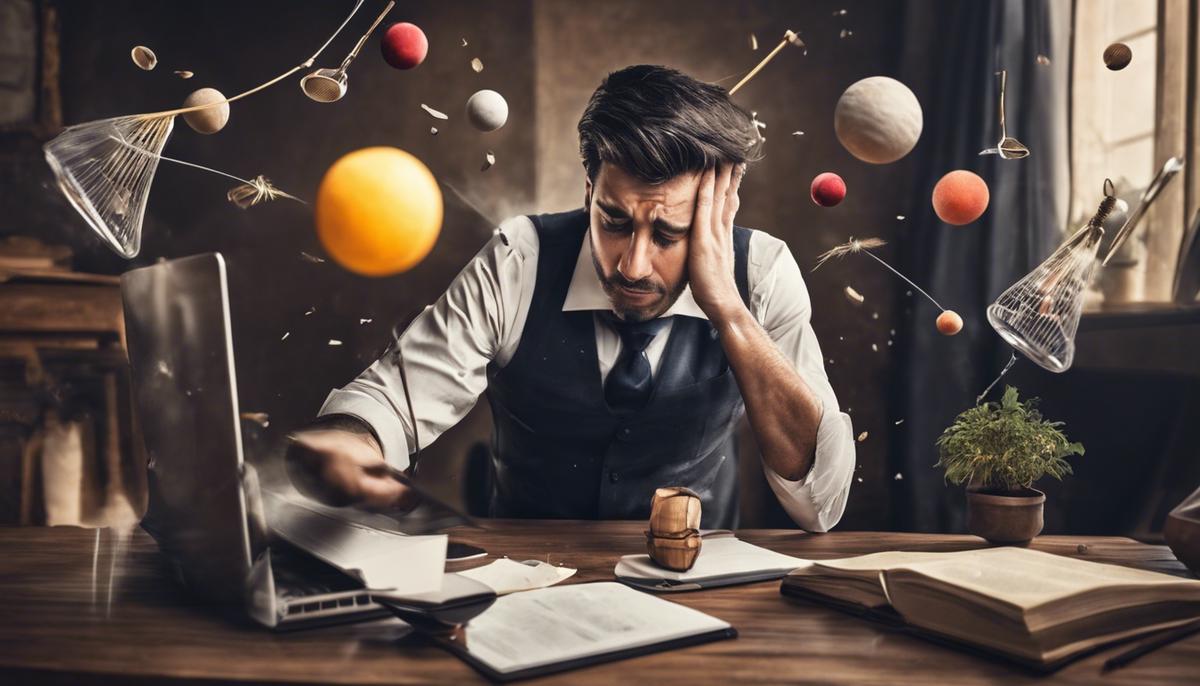 An image depicting the impact of stress on our lifestyle, showing a person juggling multiple tasks while looking exhausted and overwhelmed