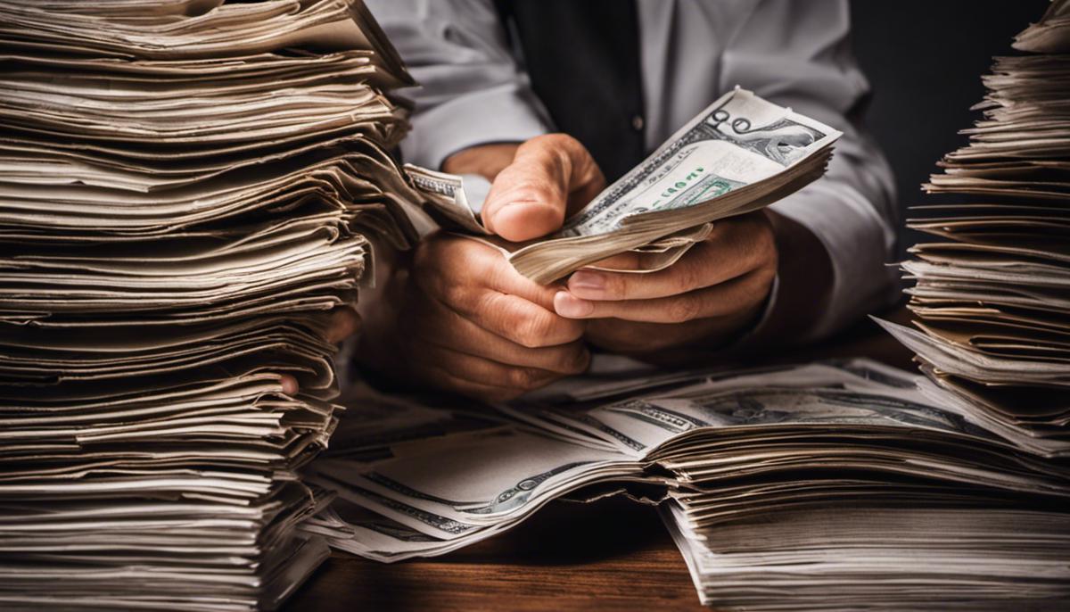 Image of a person looking at a large stack of bills, representing the burden of student loan debt for someone visually impaired.