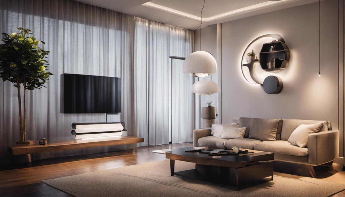 An image of a person using smart home technology to control the lights and temperature in their home.