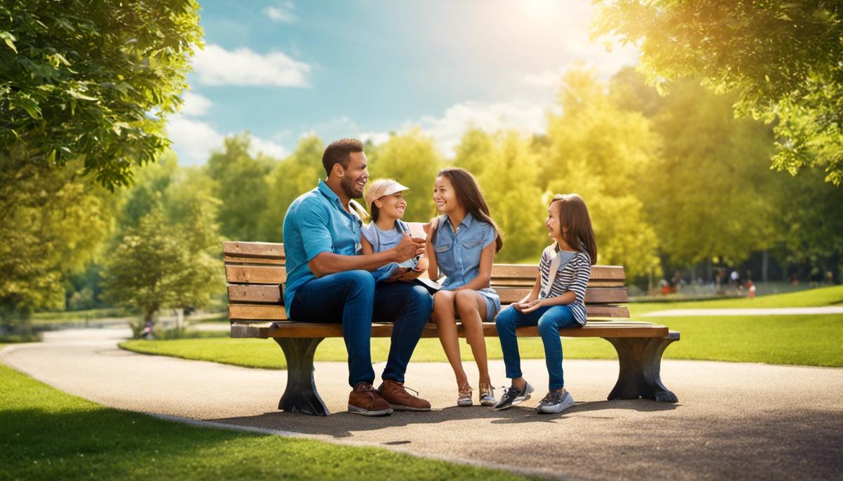 A family sitting together in a park, smiling and talking, enjoying a tech-free day