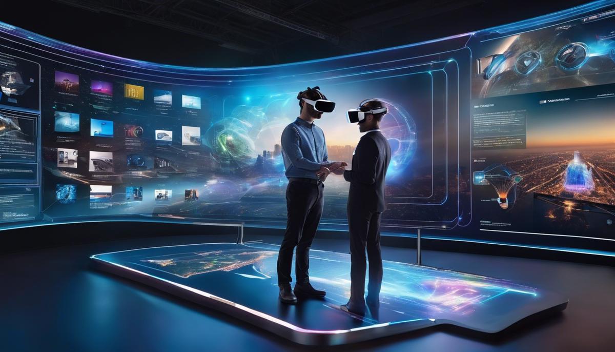 Image depicting VR and AR technologies, showing a person wearing a VR headset and another person wearing AR glasses interacting with holograms and information displayed in the real world.