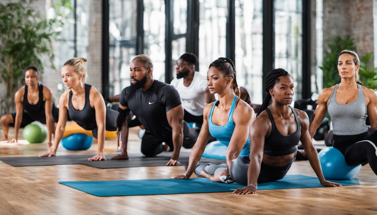 A diverse group of people exercising in different ways, ranging from strength training to yoga