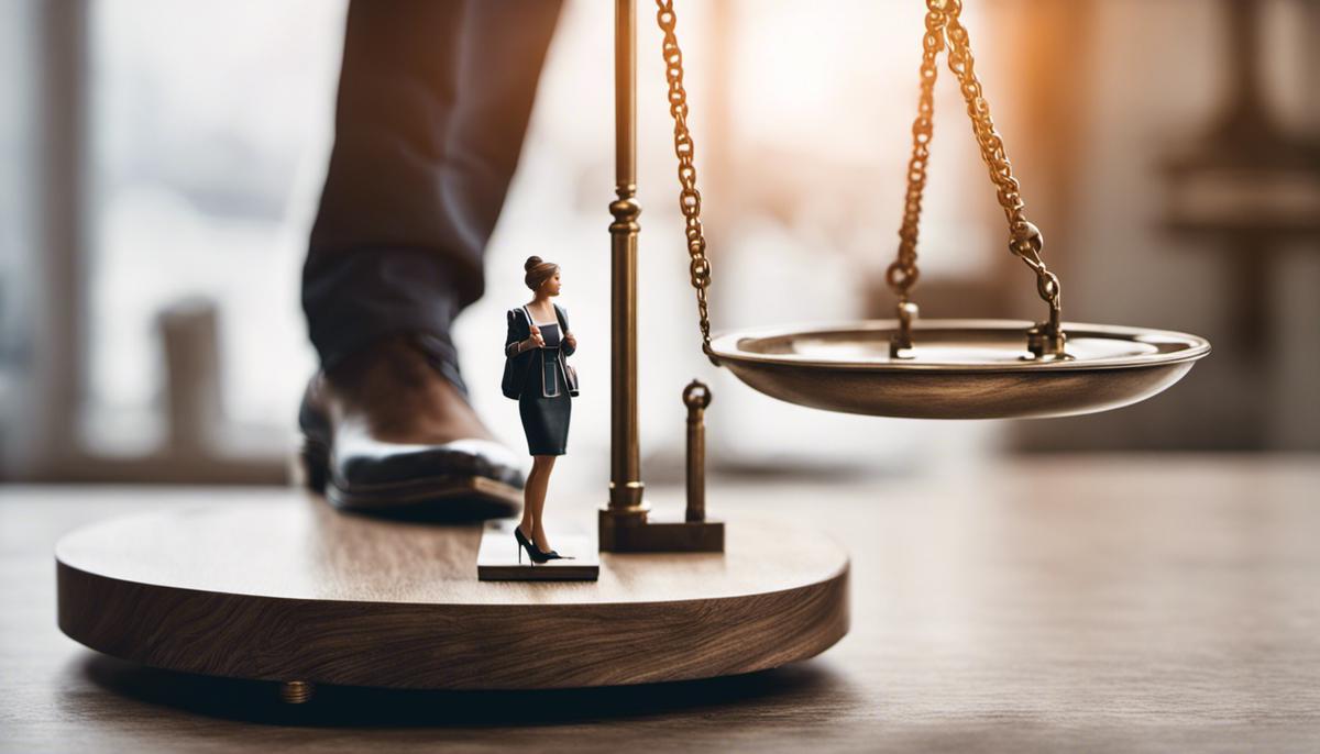 Image depicting a person standing on a scale with work on one side and personal life on the other, symbolizing the need for balance in work-life