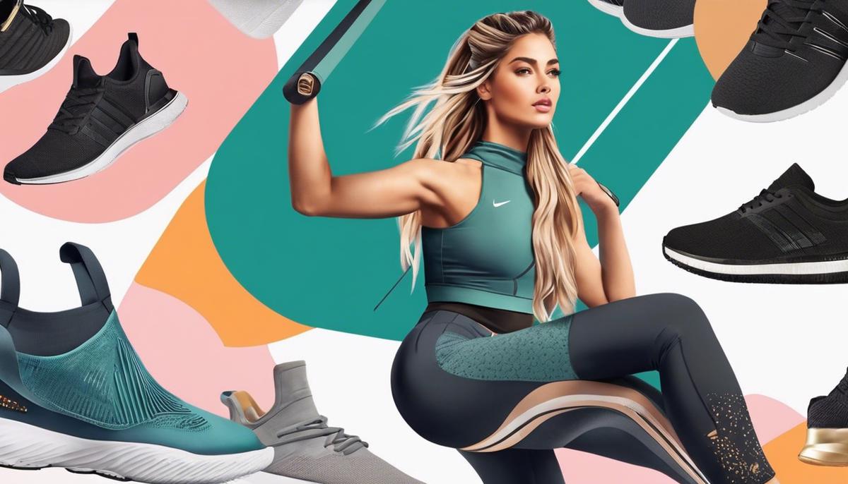 Illustration of various workout attire items like crop tops, leggings, sports bras, lounge sets, and designer sneakers, showcasing trendy and functional activewear.